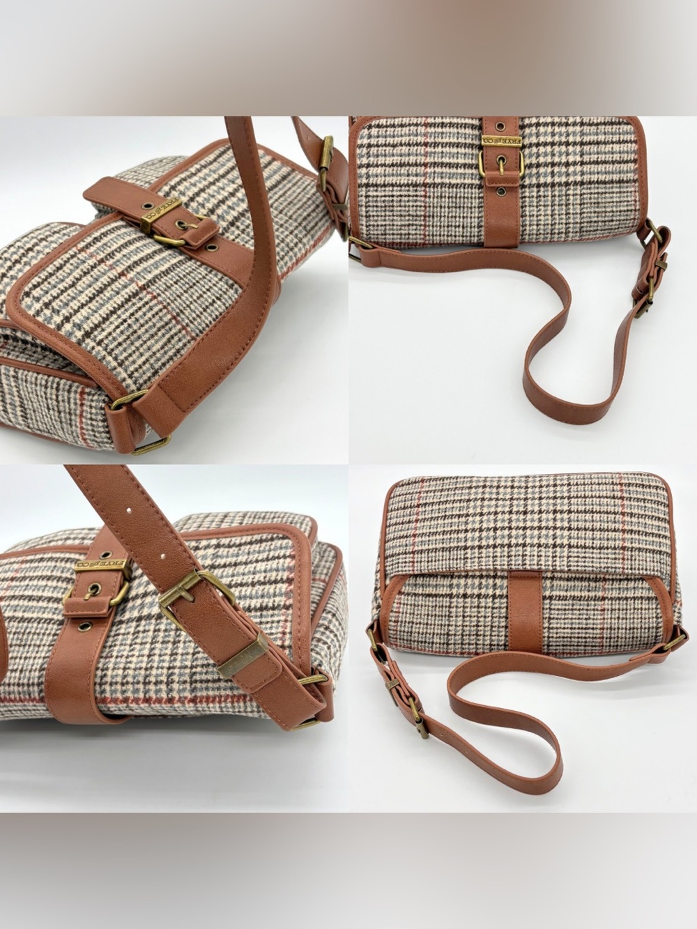 Frye & Co Houndstooth Plaid Shoulder Bag Brown Purse Academia Equestrian Preppy - Picture 15 of 15
